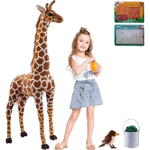 47” Large Giraffe Stuffed Animal Set, Giant Giraffe Plush Toys with Birds, Leaves, Basket, Tall Giraffe Toy Standing Lifelike, Gift for Kids Nursery Baby Shower Party