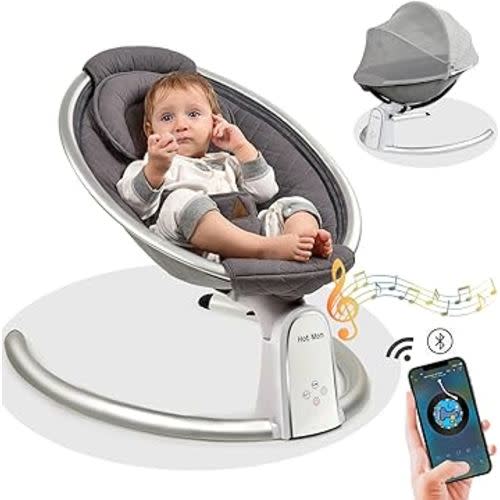 Hot Mom Upgrade Cotton Electric Baby Bouncer for Infant,Bluetooth Baby Swing Enabled Automatic, Baby Rocker Inset Music Speaker, Baby Chair Intelligent Timing & LED Touch Screen (Dark grey1)