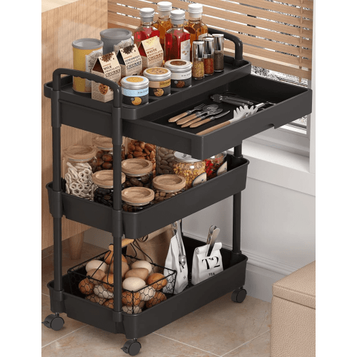 3-Tier Utility Rolling Cart,RLUETIME Mobile Utility Cart with Drawer,Storage Shelves Organizer Cart, Black