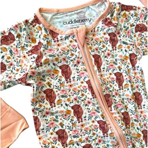 Highland Cow Bamboo Zipper Sleeper for Babies, Convertible Bamboo Footie Pajamas, Soft Stretchy and Snug-Fitting Baby Clothing