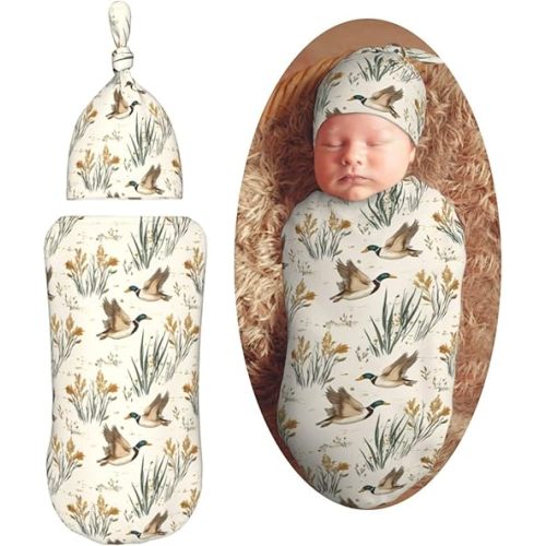 Muishi Vintage Mallard Ducks Flying Newborn Swaddle Blankets Hat Sets Soft Baby Receiving Blanket Swaddle Sack for Baby Shower Infant Boy Girl Gift