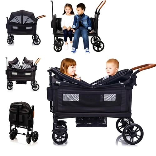 Wagon Stroller for 2 Kids & Cargo-Travel Stroller Push-Pull Double Wagon Lightweight Folding Stroller for Newborn&Toddler with 5-Point Harness,Adjustable Handle Bar and Canopy,Tray Table,Cup Holder