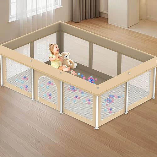 Foldable Large Baby Playpen 50"×71", Portable Playard for Babies & Toddlers, No Assembly, Safe Zipper Gate, Soft Mesh Sides, Ideal for Indoor & Outdoor Use, Includes 100 Ocean Balls, Beige