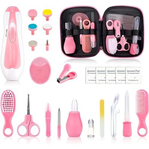 Baby Grooming Kit - 19 in 1 Nursery Essentials Baby Registry Shower Gift for Newborns, Infants, Toddlers, Boys, Girls Kids-Safety Baby Comb, Brush, Finger Toothbrush, Nail Clippers, Scissors(Pink)