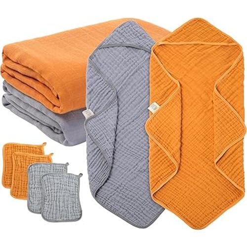 8 Pcs Essentials Set - 100% Muslin Cotton Hooded Bath Towels, Swaddle Blankets, Wash Cloths - Extra Soft & Highly Absorbent for Newborns, Infants, Toddlers