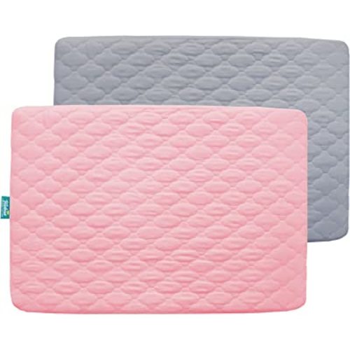2 Pack Pack and Play Mattress Protector Sheets Fitted Waterproof Playard Mattress Pad Cover, Compatible with Graco Pack n Play & Dream On Me & Pamo Babe, Playpen/Playard Sheet, Gray&Pink, 39" x 27"