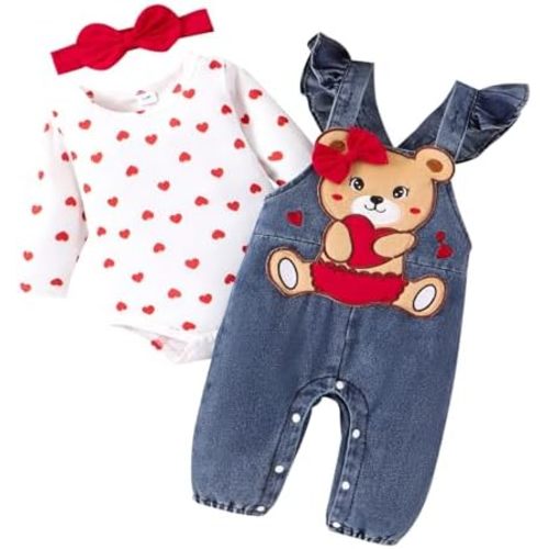 Baby Girl Clothes Outfits Fall Winter Cute Love Romper Bear Cartoon Overalls Jeans Pants Headband Set 0-18 Months