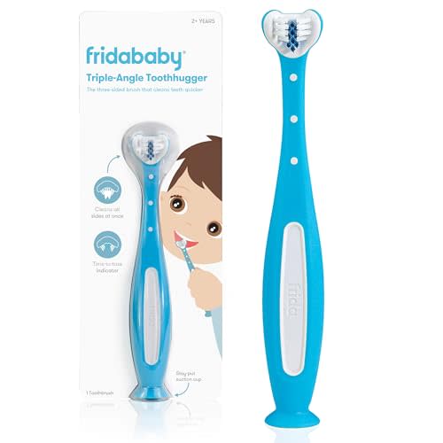Frida Baby Triple-Angle Toothhugger Training Toddler Toothbrush, Easter Basket Stuffer for Kids, Toddler Toothbrush 2+, Soft Bristles, Suction Cups, Three Sided, Cleans All Sides at Once, Blue