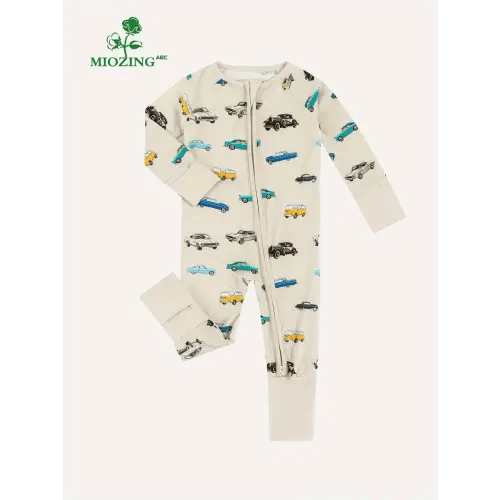 MIOZING Bamboo Fiber Bodysuit For Infants, Cartoon Bus Car Pattern Long Sleeve Onesie, Baby Girl's Clothing