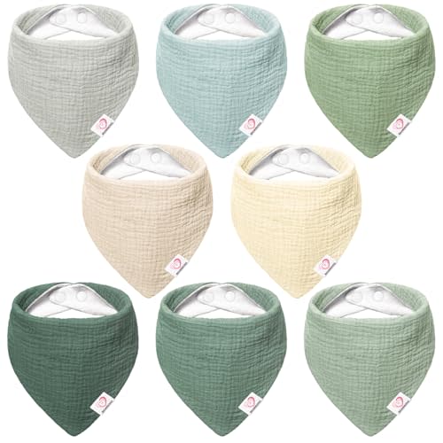 Bearmoss Muslin Baby Bibs 8 Pack Soft Bandana Bibs for Drooling & Teething, Absorbent Burp Cloths with Adjustable Snaps