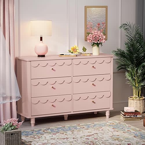Anbuy Pink Scalloped Nursery Chests and Nursery Chests and Dresser for Kids Bedroom Wood 6 Drawer Dresser, Dressers & Chests of Drawers with Metal Handles for Bedroom, Nursery, Hallway