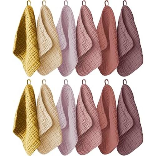 12 Pack Muslin Washcloths for Baby - 100% Cotton Baby Wash Cloths for or Baby Face Body Comfy and Soft for Newborn Infants Kids Girls and Boys - 12"x12" - Brown, Honey and Bean Paste Series