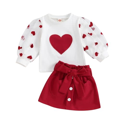 VSQWLZT Kids Toddler Baby Girl Valentine's Day Outfits Lace Long Sleeve Shirts Heart Sweatshirt with Red Skirt 2Pcs Set