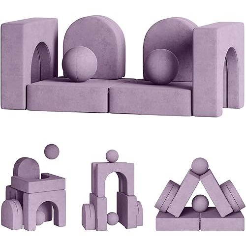 8 Pcs Modular Kids Play Couch, Fold Out Toddler Couch Building Fort with Balls for Playroom, Convertible Kids Floor Sofa and Foam Couches for Boys and Girls, 2000+ Creativity - Blueberry