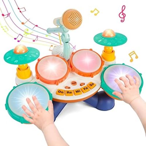 Kids Drum Set Baby Drums - Drum Set for Toddlers 1-3, 4 Beats Flash Light Baby Drum with Microphone & Without Drumsticks, Baby Drum Set Boys Girls Birthday Gifts for Infants 6 9 12 18 Month