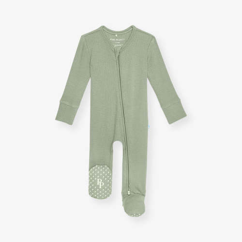 Solid Green Long Sleeve Soft Jade Waffle Footie Zippered One Piece | Posh Peanut®