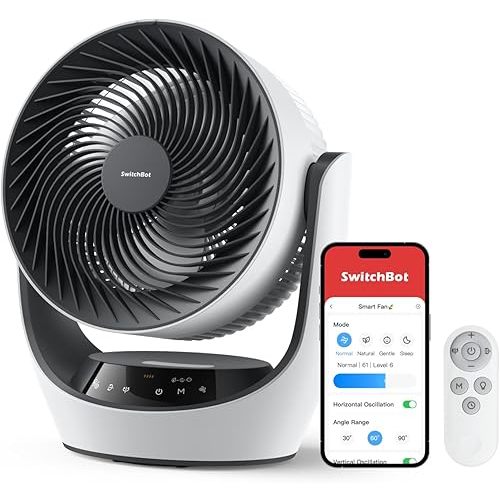 SwitchBot Smart Desk Fan for Bedroom, 22dB Ultra Quiet, 90° Oscillation, Battery Operated, 9 Speeds, 9H Timer, Alexa/Google/Siri Compatible (Hub Required), Portable Air Circulator for Indoor & Outdoor