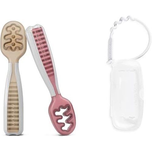 NumNum Baby Spoons Set, Pre-Spoon GOOtensils for Kids Aged 6+ Months - First Stage, Baby Led Weaning (BLW) Spoon Blue/Orange + Travel Case for Pre-Spoon GOOtensils for Kids Aged 6+ Months