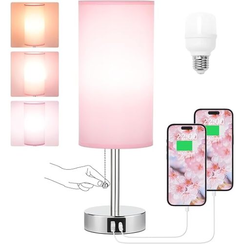 Hong-in Pink Bedside Lamp for Bedroom-Nightstand Lamp with 3 Color Modes with USB-C+A Charging Ports, 3000/4000/5000k Bedroom Lamps by Pull Chain, Small Table Lamp for Bedroom, Office, Living Room
