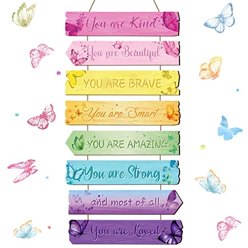 Inspirational Girl Room Decor Aesthetic Art Wall Hanging Sign Inspiring Colorful Rainbow Wooden Decoration for Kids Teens Toddler Boy Baby Bedroom Nursery Dorm Decor, 6-12 Years Old (Butterfly)