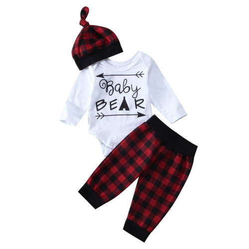 Qtinghua Christmas Newborn Baby Girl Boy Arrow Baby Bear Long Sleeve Romper Bodysuit+Plaids Pants with Hat Outfits White 0-3 Months