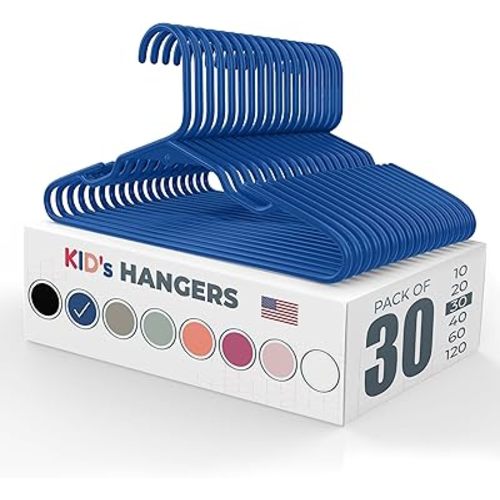 Made in USA Baby Hangers, Kids Hangers for Children's Clothes, Toddler Outfits and Clothing, 20 50 100 Pack Available, Kid Plastic Hanger for Closet and Nursery, Child Kid Hangars (30pk Blue)