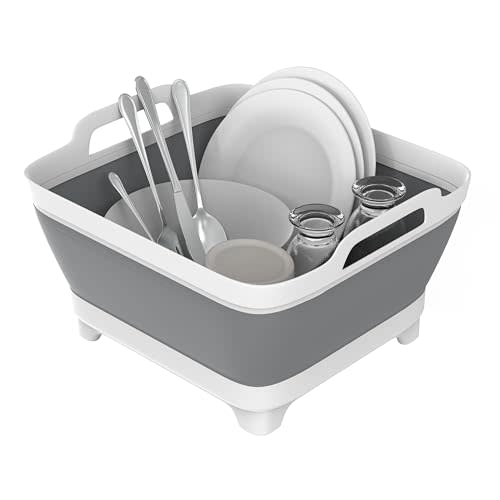 KEPPIER Dishpan, 9L Collapsible Washing Basin (Gray, PP, TPR), Portable Dish Tub with Drain Plug, Space-Saving Drying Rack for Kitchen, Camping, Laundry use