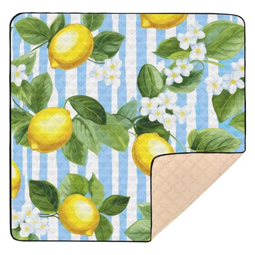 SPRIPORT Lemon Blue White Stripe Baby Play Mat for Floor 50" x 50" Crawling Mat Activity Playmats with Anti- Slip Bottom Waterproof Baby Floor Mat for Infants Babies Toddlers Indoor Outdoor