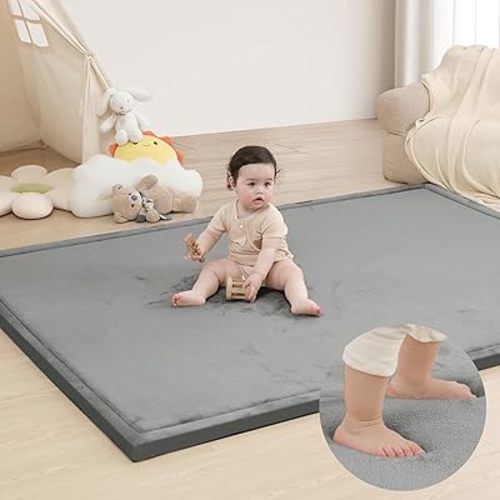 Huloo Sleep Ultra Soft Baby Play Mat for Floor, 1.3" Thick Elasti-Foam 65x50 Play Mat for Playpen,Water-Repellent Coral Velvet for Tummy Time, Non-Slip Backing,Safe for Toddlers & Infants(Dark Grey)