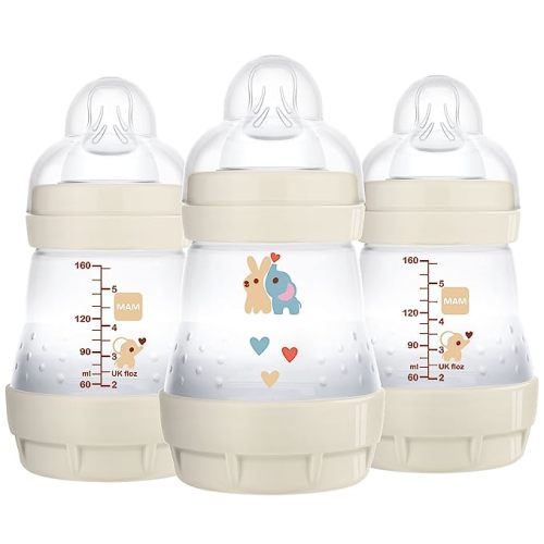 MAM Easy Start Anti Colic Baby Bottle 5 oz, Easy Switch Between Breast and Bottle, Reduces Air Bubbles and Colic, Newborn, Unisex, 3 Count (Pack of 1) - Beige Linen - Bottles