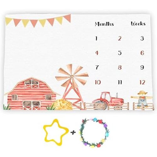Farm Theme Baby Monthly Milestone Blanket, 60x40in Soft Flannel, Tractor and Barn Backgrounds, Newborn Mom Gifts, Baby Shower Age Growth Tracker with Bonus Maker