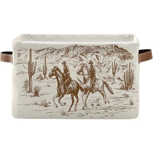 Cowboy Storage Basket Western Desert Cowboy Storage Bin Collapsible Sunflowers Large Storage Baskets with Leather Handles Storage Cube Box Organizer for Closet Toys Gift Basket,1PC