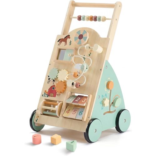 NEWBULIG Wooden Baby Walker for First Steps, Adjustable Speed Push Walker with Montessori Activity Center, Silent Universal Wheels Baby Walking Toys, Natural Wood |