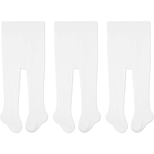 CozyWay Baby Tights - Baby Girl and Boy Leggins Cable Knit Comfy Cotton Infant 0-3 Months Unisex White - 3 Pack