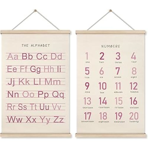 HRQKO Alphabet Numbers Poster Hanger Frame Set of 2, Pink Girls Nursery Wall Decor, ABC Poster Wall Art with Wooden Frames, Pink Alphabet Banner Wall Hanging Decor for Toddler Playroom, 16x24 inch
