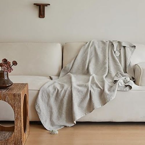 Simple&Opulence 100% Natural Linen Throw Blanket with Tassle,Decorative Boho Double Flax Blanket for Couch Sofa Bed 50''x60'', Linen