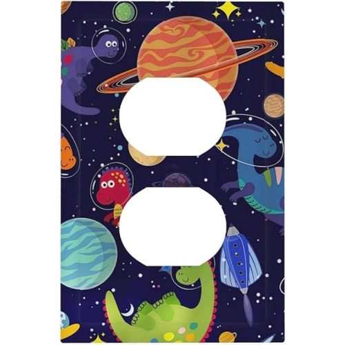 1 Gang Duplex Receptacle Switch Wall Plate Blue Cute Cartoon Dino Kids Dinosaur Universe Galaxy Outer Space Cosmos Planet Nebula Boy Girl Switchplate Mid Electrical Outlet Cover Receptacle Plug Cover