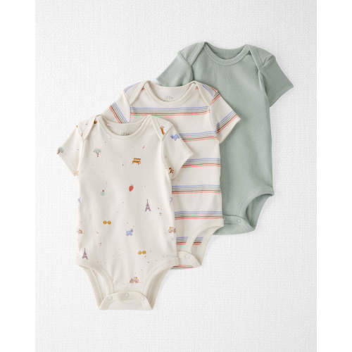 Baby 3-Pack Organic Cotton Rib Bodysuits - Style,Veggie Garden, Striped, Green Team