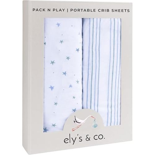 Ely’s & Co. Pack and Play Sheets, for Mini/Portable Crib, 2 Pack Fitted Playpen Play Yard Sheet Set Compatible with Graco Pack n Play, for Baby Boys, 100% Cotton, Blue Stars and Stripes, 38”x24”x5”