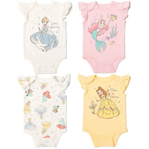 Disney Princess Ariel Cinderella Belle Infant Baby Girls 4 Pack Cuddly Ring Snap Bodysuits White / Pink / Yellow 18 Months
