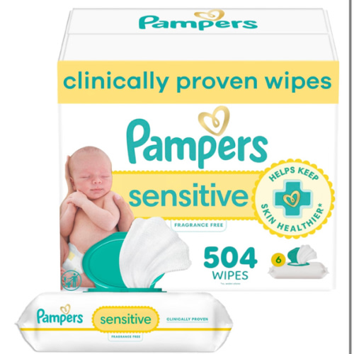 Pampers Baby Wipes Sensitive, Water Based Baby Wipes, Hypoallergenic and Unscented Baby Wipes, 504 Wipes Total (6 Flip-Top Packs)