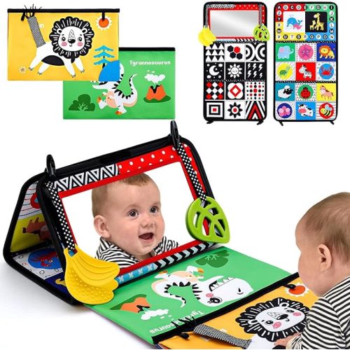 Vasdoo Tummy Time Baby Mirror Toys, High Contrast Black and White Sensory Infant Toys,Brain Developmental Montessori Newborn Toys with Crinkle Cloth Book for Boys and Girls Gift 0 3 6 12 Months