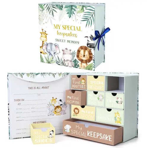 Baby Keepsake Box Newborn Memory Organizer with 9 Labeled Compartments Newborn First Keepsake Book Gift Box for Pregnancy Gender Neutral Baby Shower Maternity