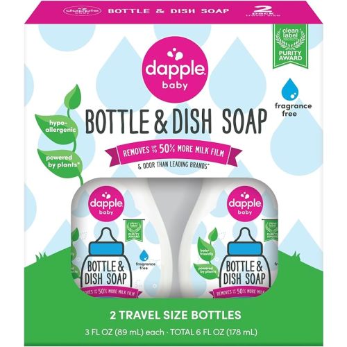 Dapple Baby Fragrance-Free Baby Bottle & Dish Soap - (2 Pack) 3 fl oz - Plant-Powered Cleaner for Bottles, Pump Parts, and Sippy Cups - Travel Size