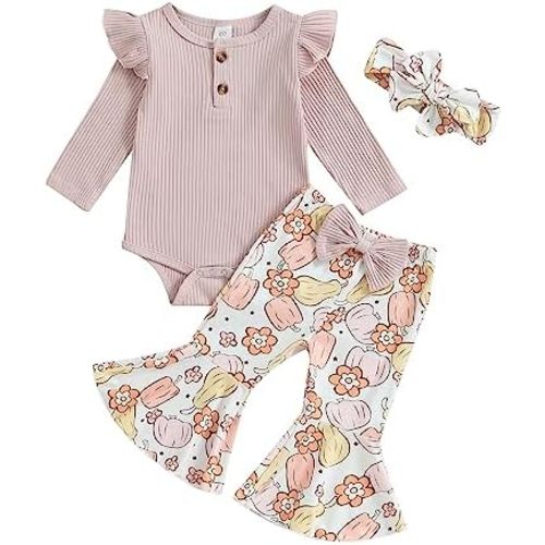 Kuriozud Newborn Baby Girl Bell Bottom Outfit Ruffle Romper Cute Bow Flare Pants Set Headband Cute Clothes