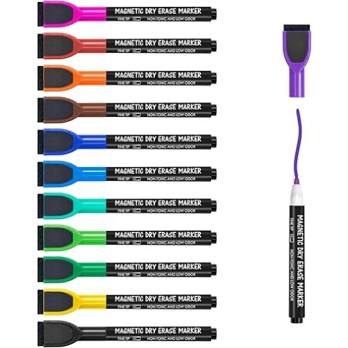 maxtek Magnetic Whiteboard Markers - 12 Count Colorful Fine Tip Dry Erase Markers with Eraser for Kids, Low Odor Thin Markers for Calendar Boards