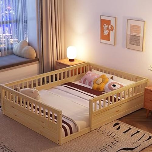 Natural Floor Bed, Full Size Montessori Bed with High Fence Railings, Wood Playhouse Bed with Rails for Baby Kids Boys Girls Teens, No Slats Included