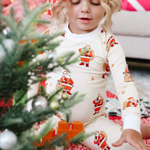 RETRO SANTA • bamboo kids pjs (two-piece), all over print/vanilla - size 2T