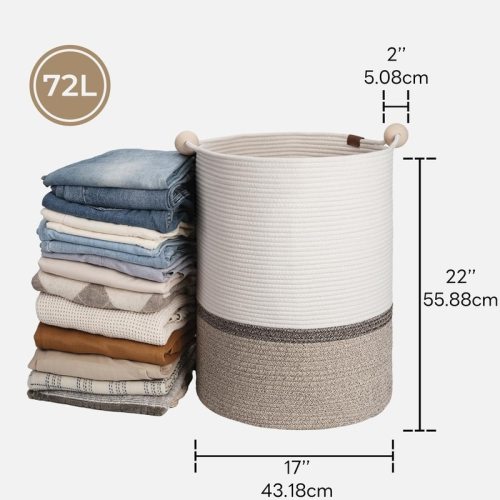Cotton Rope Laundry Basket,with Wooden Beads Handles,Portable,Folded,Storage for Clothes,Blankets,Dolls,etc