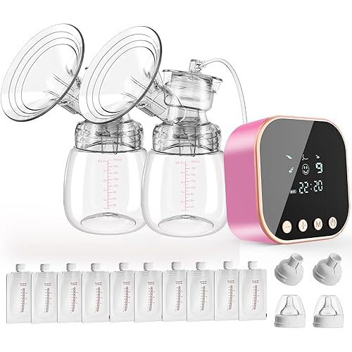 Double Electric Breast Pump Strong Suction, Portable Breast Pump Electric Breastfeeding Pump, Rechargeable Milk Pump with 4 Modes & 9 Levels, Low Noise, Anti-Backflow & LED Display, 24mm Flange, Pink